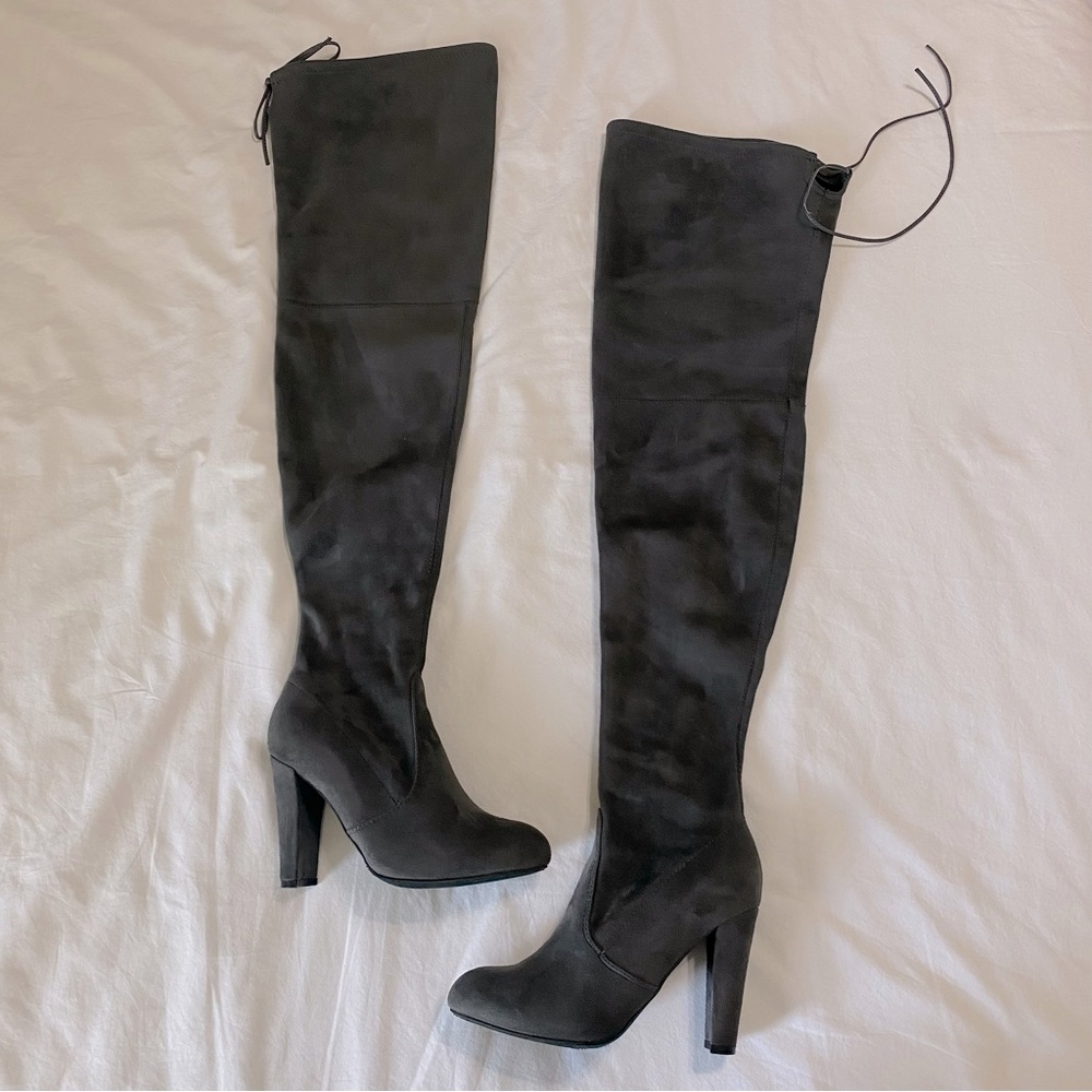 Charlotte Russe Charcoal Gray Suede Amaya Heeled Boot - Picture 2 of 12